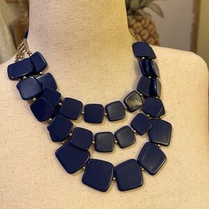 Navy Blue Layered Statement Necklace with Crystal Accents EUC